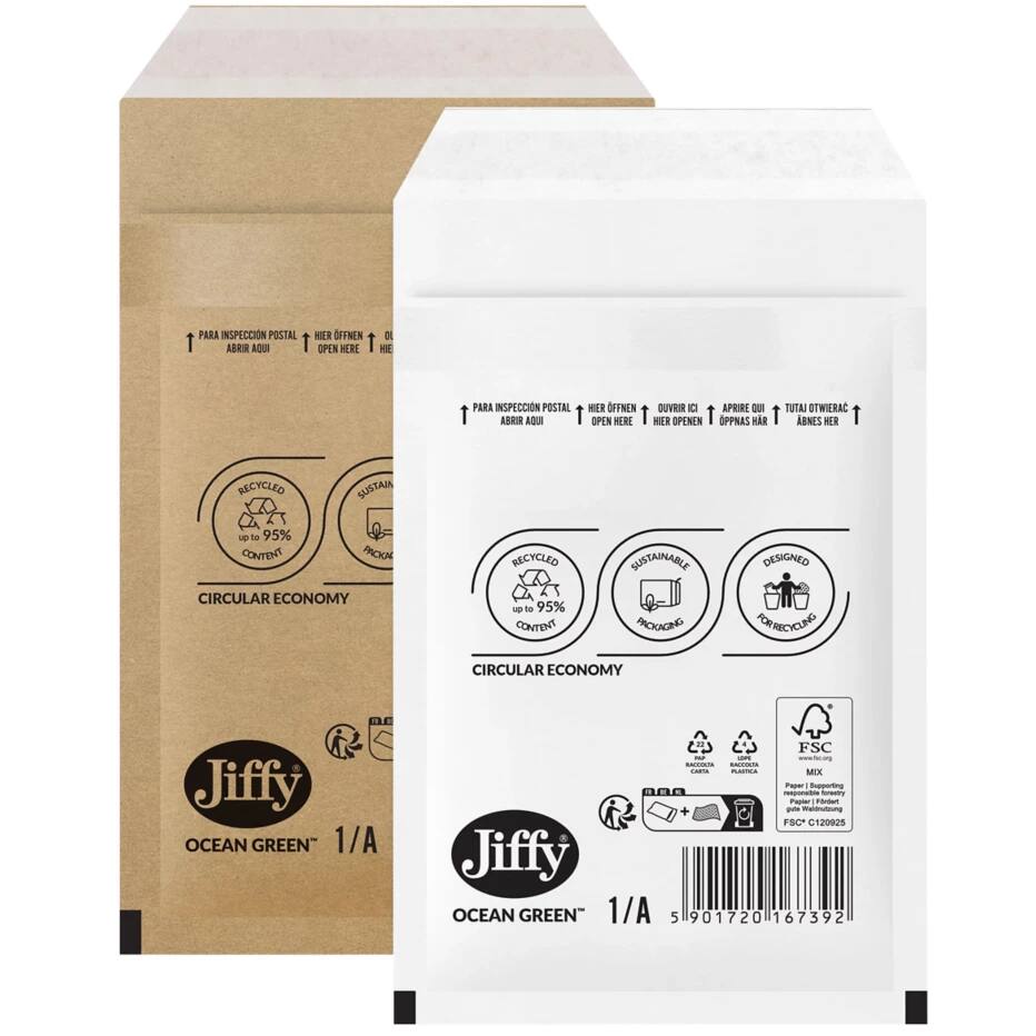 Jiffy Ocean Green Padded Envelopes D/1 Brown Plain 180 (W) x 265 (H) mm Peel and Seal 80 (Individual)